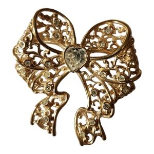 Brooch Pin Gold Tone Bow with Rhinestones